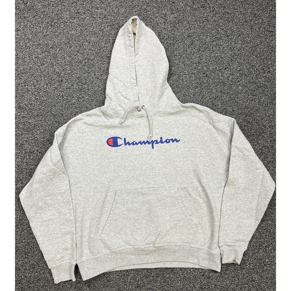 Champion hoodie sweatshirt grey pullover hoodie spellout logo Mens Large